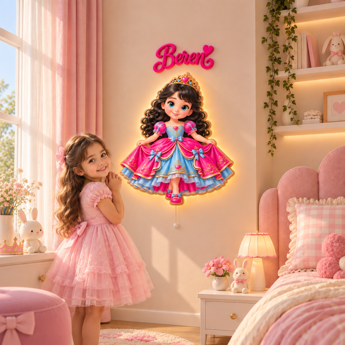Kişiye Özel İsimli Fuşya Prenses LED Ahşap Gece Lambası