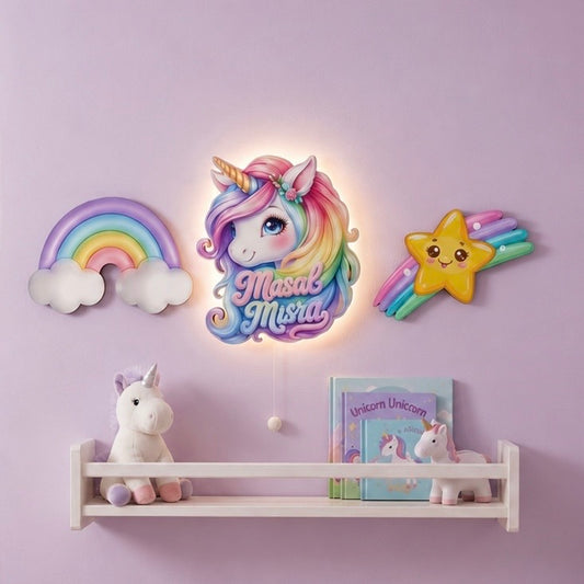 Kişiye Özel İsimli Unicorn 3’lü LED Ahşap Gece Lambası