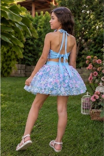 Mavi Pembe Çiçekli Kız Çocuk Crop Etek Takım - Bebek Doğum Günü Elbisesi - ipeqakids