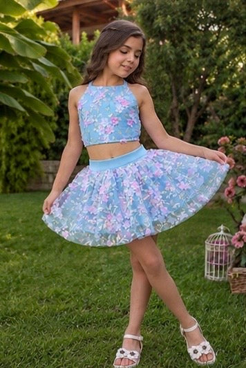 Mavi Pembe Çiçekli Kız Çocuk Crop Etek Takım - Bebek Doğum Günü Elbisesi - ipeqakids