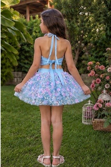 Mavi Pembe Çiçekli Kız Çocuk Crop Etek Takım - Bebek Doğum Günü Elbisesi - ipeqakids