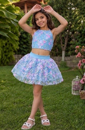 Mavi Pembe Çiçekli Kız Çocuk Crop Etek Takım - Bebek Doğum Günü Elbisesi - ipeqakids