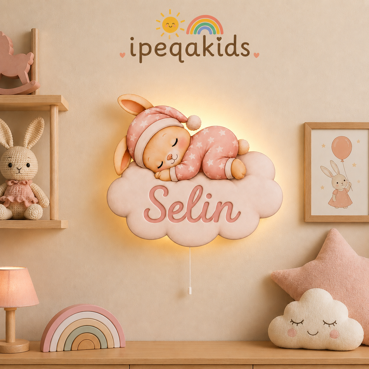 Kişiye Özel İsimli Uyuyan Tavşan LED Ahşap Gece Lambası