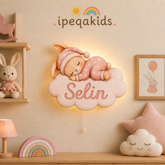 Kişiye Özel İsimli Uyuyan Tavşan LED Ahşap Gece Lambası