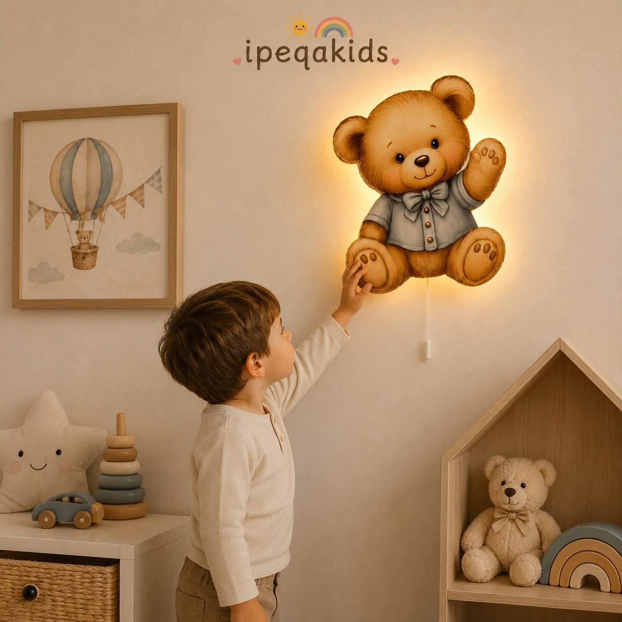 Gömlekli Ayıcık Led Işıklı Bebek Odası Ahşap Duvar Dekoru - Gece Lambası