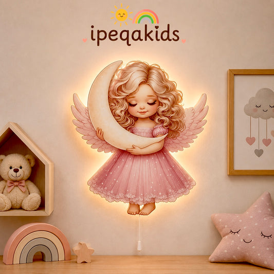Ay Tutan Pembe Melek Pilli Led Işıklı Ahşap Duvar Dekoru