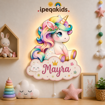 Kişiye Özel İsimli Bulutlu Unicorn LED Ahşap Gece Lambası