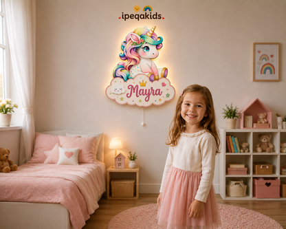 Kişiye Özel İsimli Bulutlu Unicorn LED Ahşap Gece Lambası