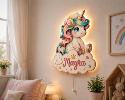 Kişiye Özel İsimli Bulutlu Unicorn LED Ahşap Gece Lambası