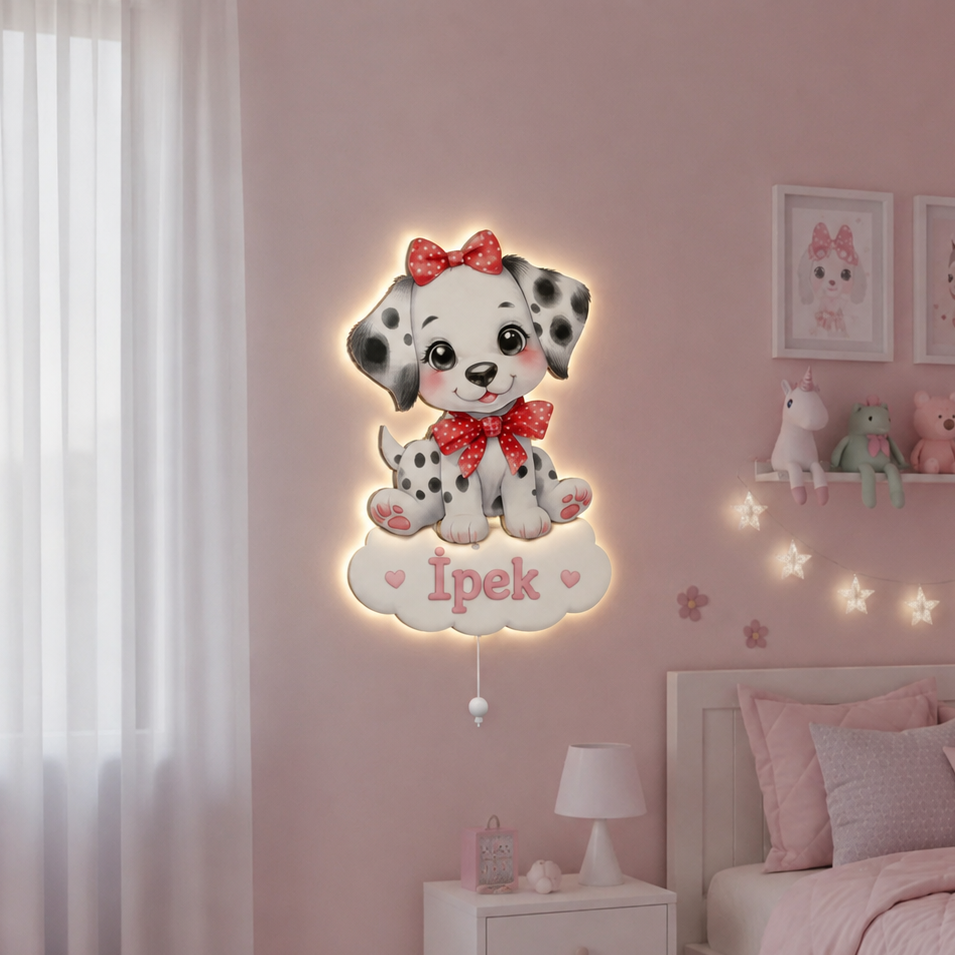Kişiye Özel İsimli Dalmaçyalı dişi Köpek Led Işıklı Bebek Odası Ahşap Duvar Dekoru - İsim için Whasapptan İletişime Geçiniz- Gece Lambası
