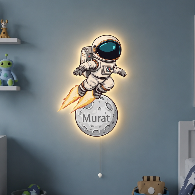 Kişiye Özel İsimli Uçan Astronot Led Işıklı Bebek Odası Ahşap Duvar Dekoru - İsim için Whasapptan İletişime Geçiniz- Gece Lambası