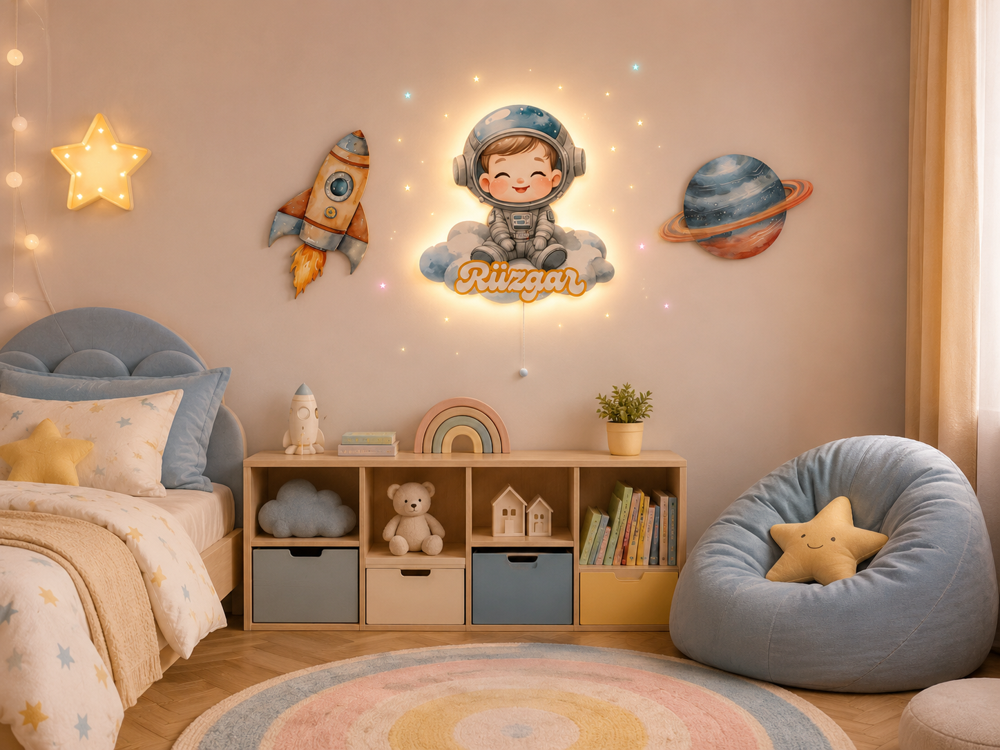 Kişiye Özel İsimli Astronot 3 parça Set, Led Işıklı Bebek Odası Ahşap Duvar Dekoru-İsim için Whatsapptan mesaj Atınız- - Gece Lambası
