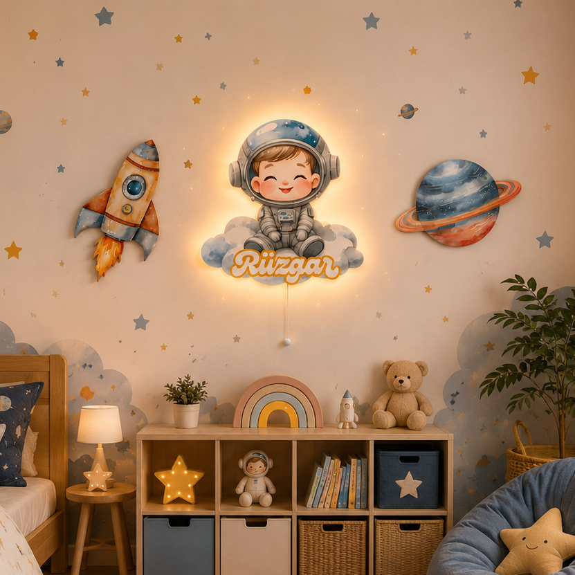 Kişiye Özel İsimli Astronot 3 parça Set, Led Işıklı Bebek Odası Ahşap Duvar Dekoru-İsim için Whatsapptan mesaj Atınız- - Gece Lambası