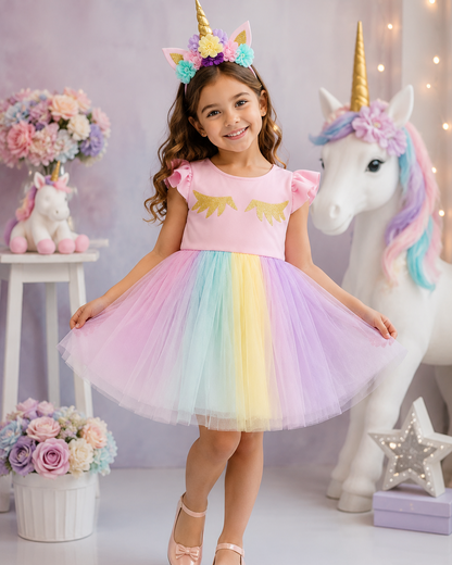 Unicorn Elbise - Kız Çocuk Abiye - Bebek Doğum Günü Elbisesi - ipeqakids