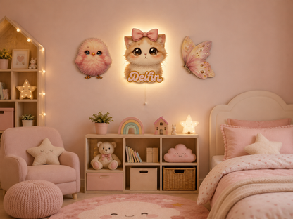 Kişiye Özel İsimli Kedicik 3’lü LED Ahşap Gece Lambası