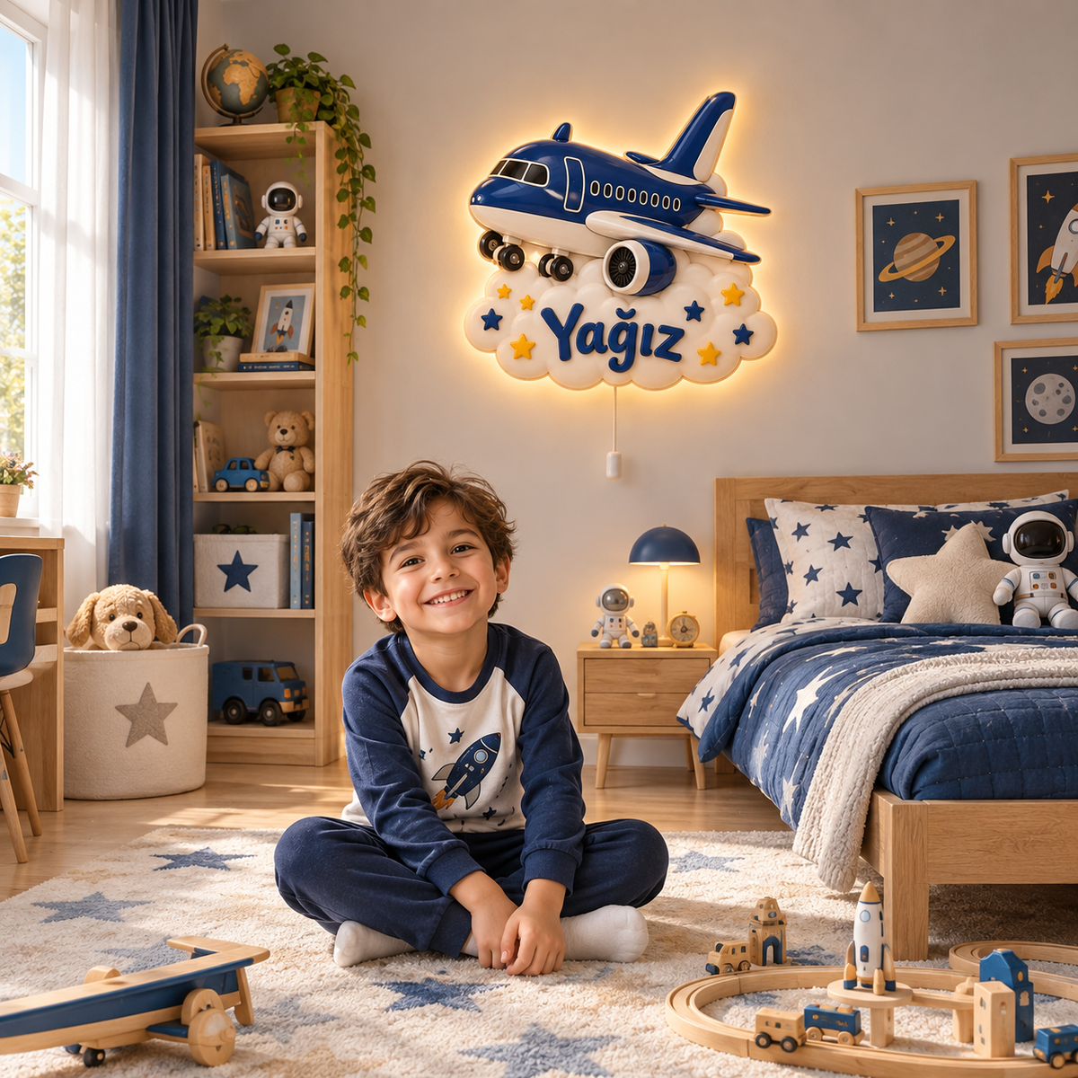 İsimli Lacivert Uçak LED Ahşap Gece Lambası