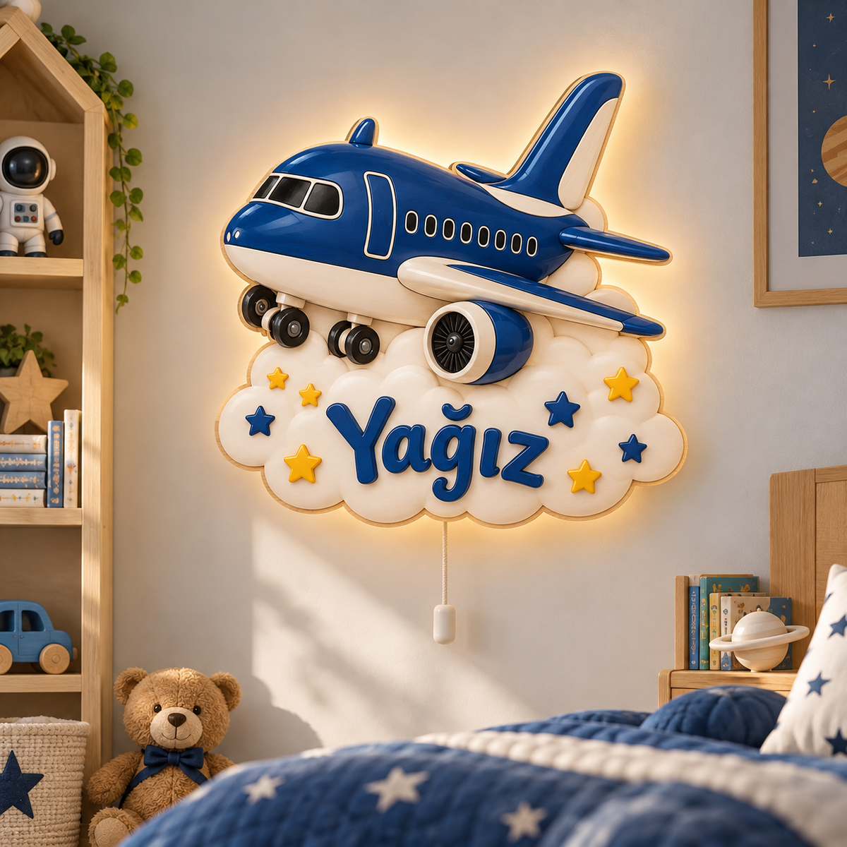 İsimli Lacivert Uçak LED Ahşap Gece Lambası