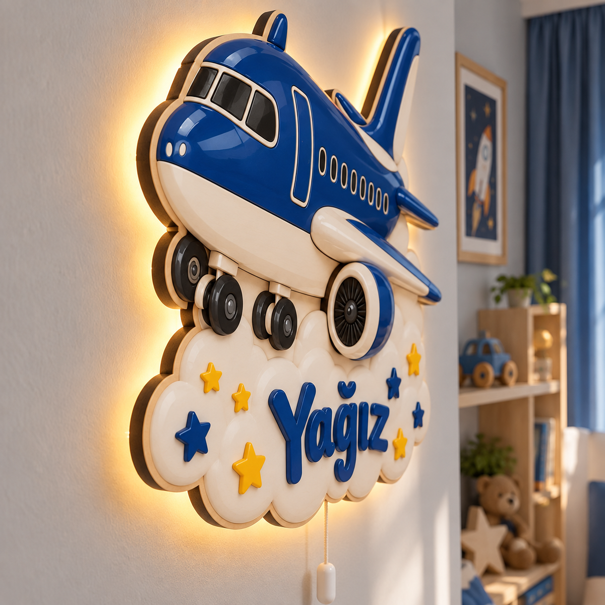 İsimli Lacivert Uçak LED Ahşap Gece Lambası