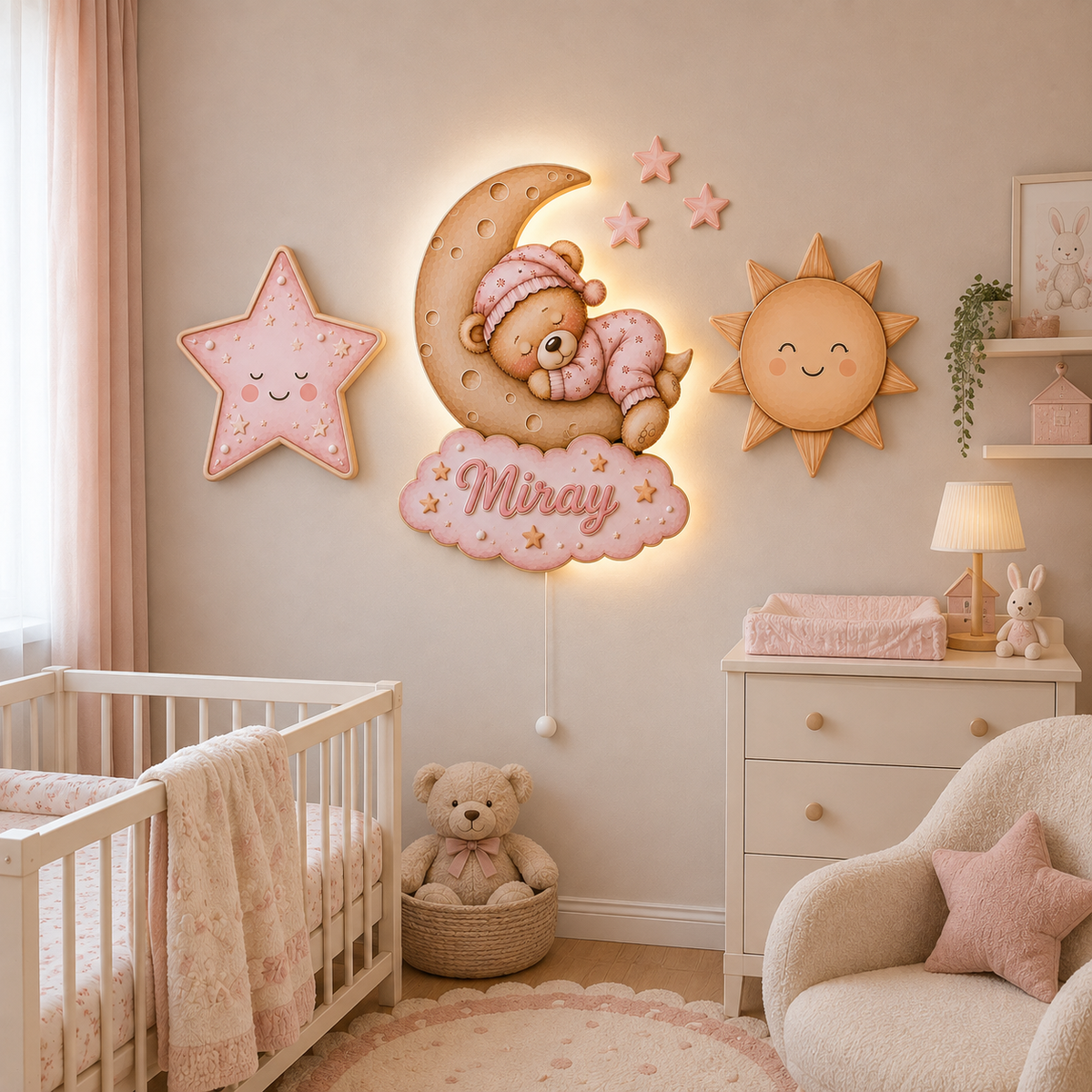 Kişiye Özel İsimli Pembe Uyuyan Ayıcık 6'lı LED Ahşap Gece Lambası Seti