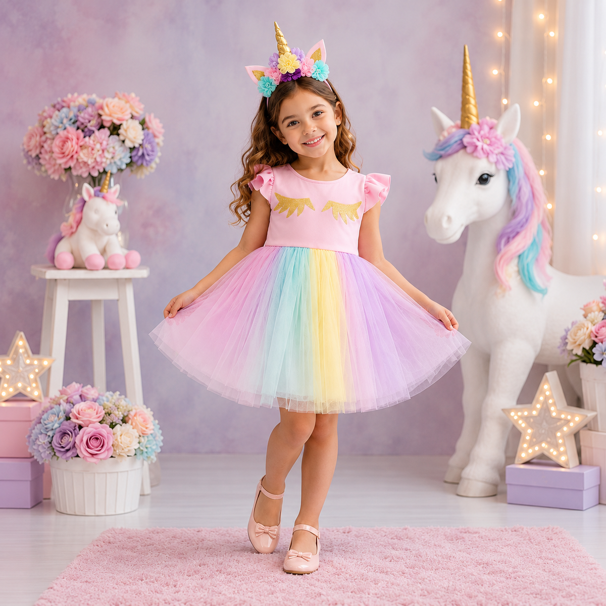 Pastel renkli kısa unicorn kız çocuk elbisesi — önden görünüm