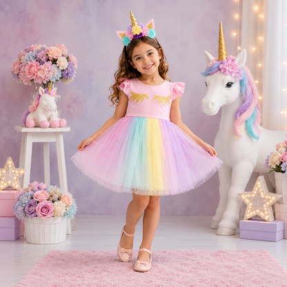 Pastel renkli kısa unicorn kız çocuk elbisesi — önden görünüm