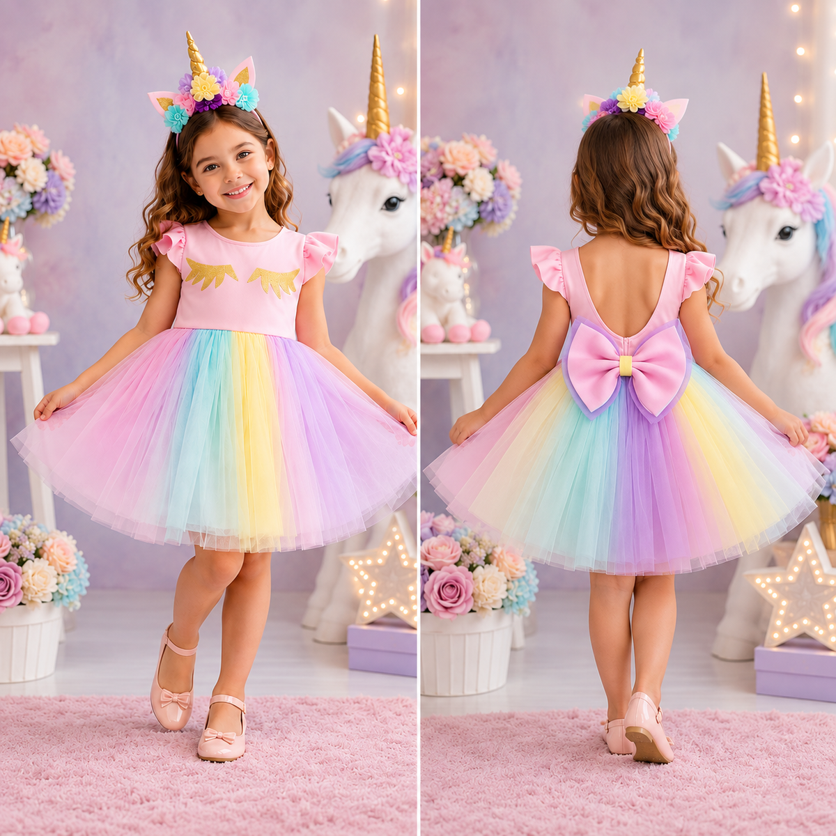 Pastel renkli kısa unicorn kız çocuk elbisesi — ön ve arka görünüm