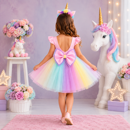 Pastel renkli kısa unicorn kız çocuk elbisesi — arkadan görünüm
