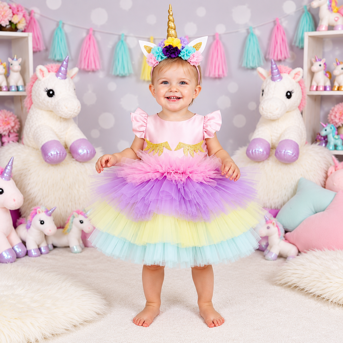 Kısa Unicorn Elbise ve Taç