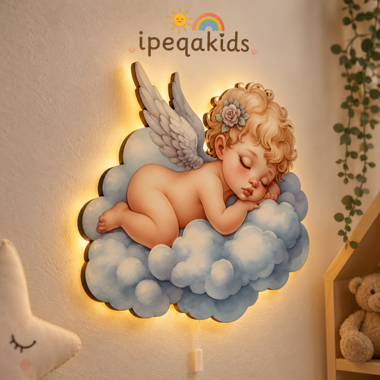 Bebek Melek Pilli Led Işıklı Ahşap Duvar Dekoru