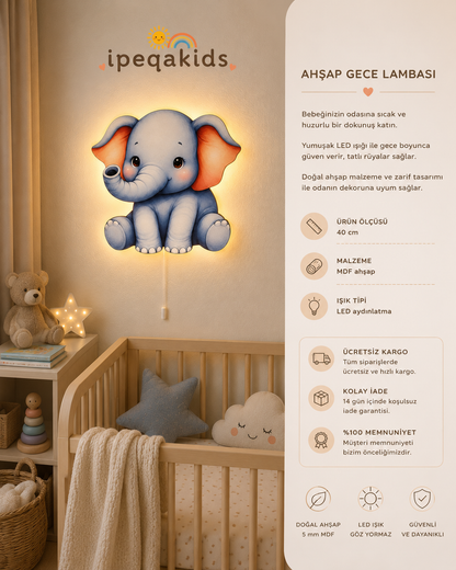 Mavi Fil Led Işıklı Bebek Odası Ahşap Duvar Dekoru - Gece Lambası