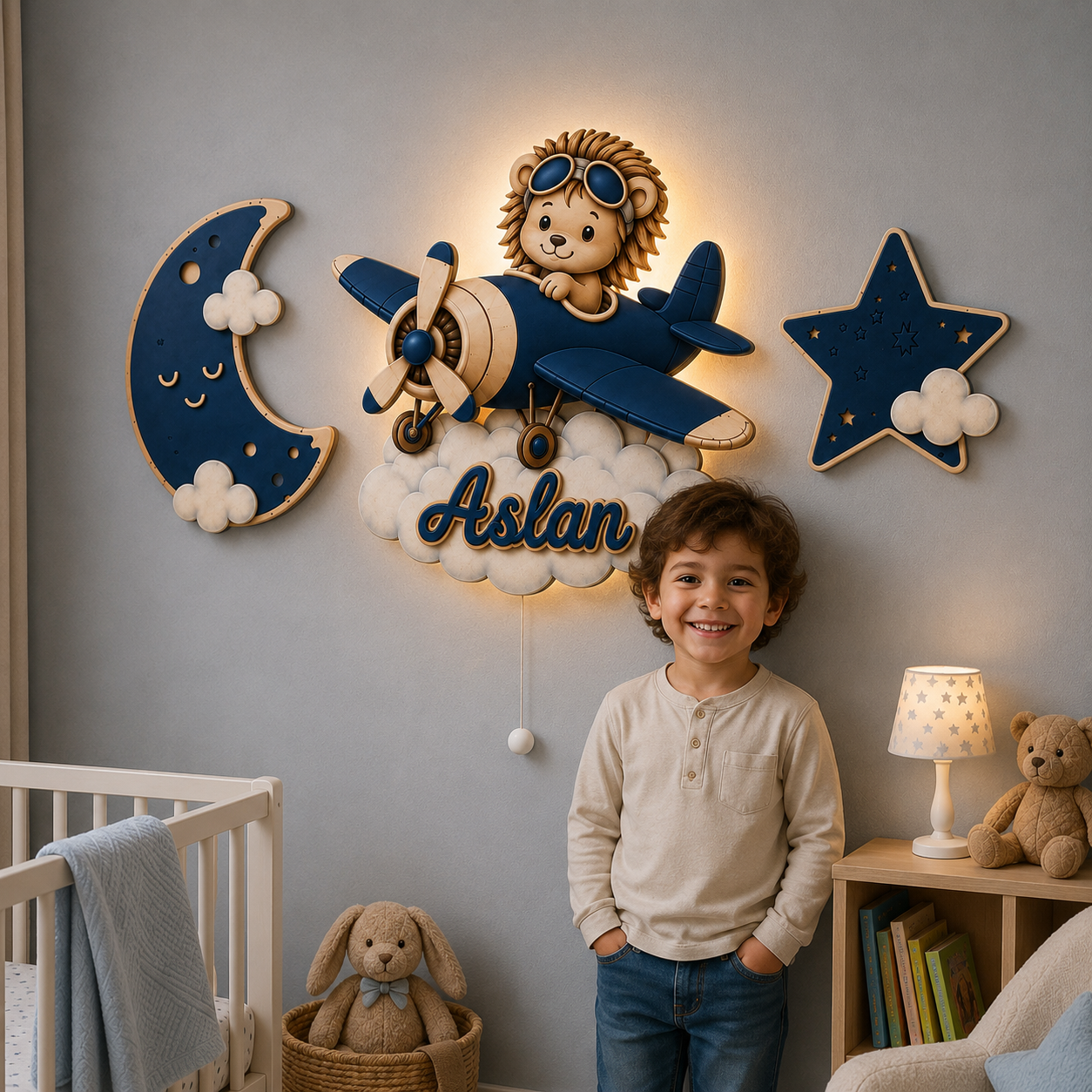 Kişiye Özel İsimli Mavi Aslan Uçak 3’lü LED Ahşap Gece Lambası