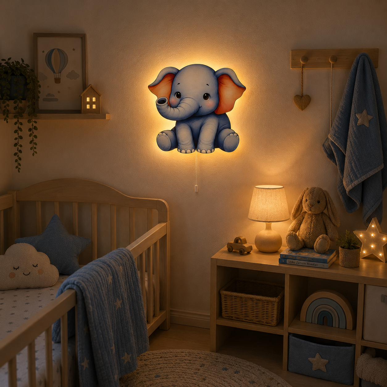 Mavi Fil Led Işıklı Bebek Odası Ahşap Duvar Dekoru - Gece Lambası