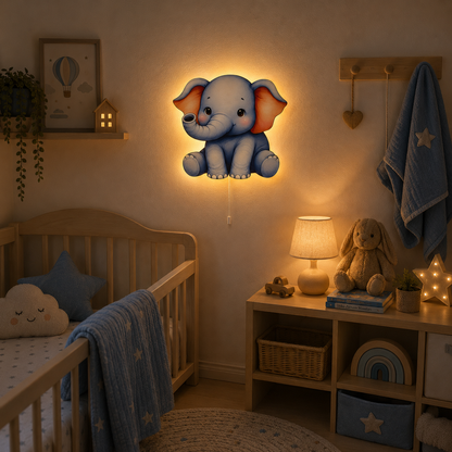 Mavi Fil Led Işıklı Bebek Odası Ahşap Duvar Dekoru - Gece Lambası