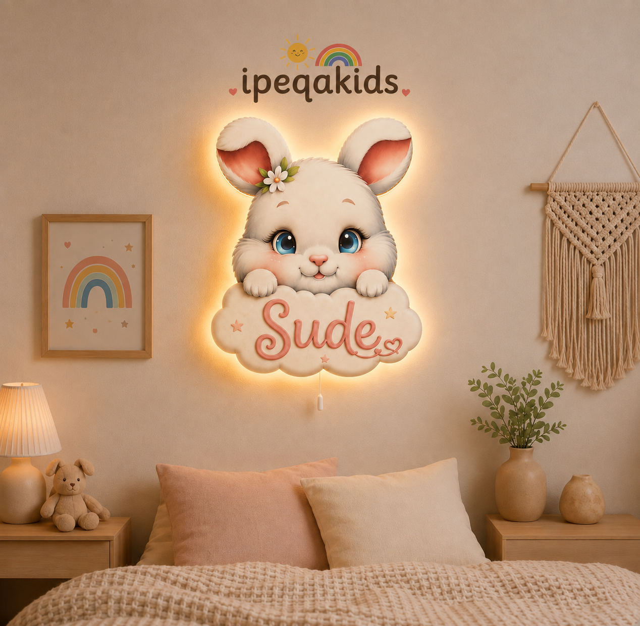 Kişiye Özel İsimli Tavşan LED Ahşap Gece Lambası