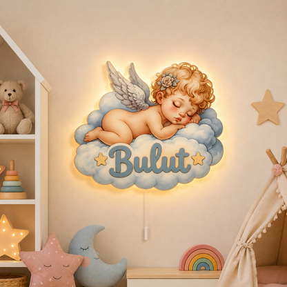 Kişiye Özel İsimli Bulutlu Bebek Melek LED Ahşap Gece Lambası