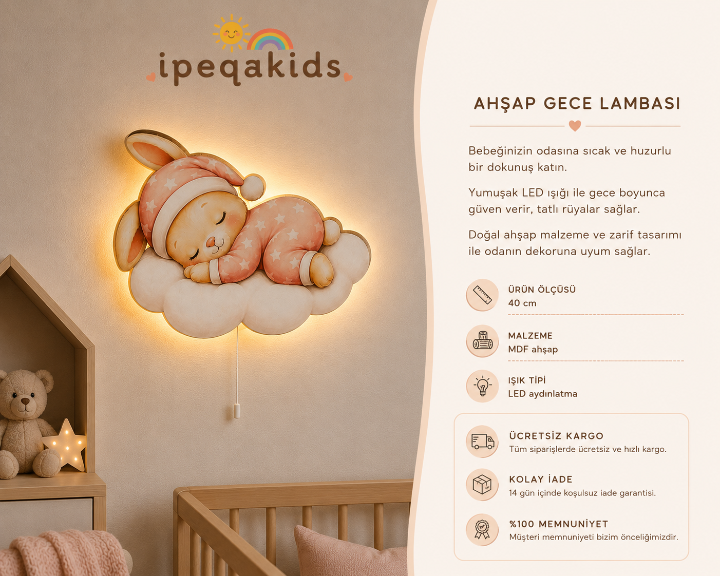 Uyuyan Pembe Tavşan Led Işıklı Bebek Odası Ahşap Duvar Dekoru - Gece Lambası