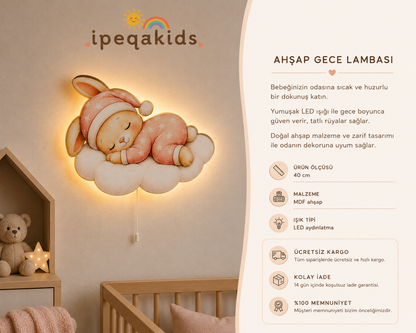 Uyuyan Pembe Tavşan Led Işıklı Bebek Odası Ahşap Duvar Dekoru - Gece Lambası