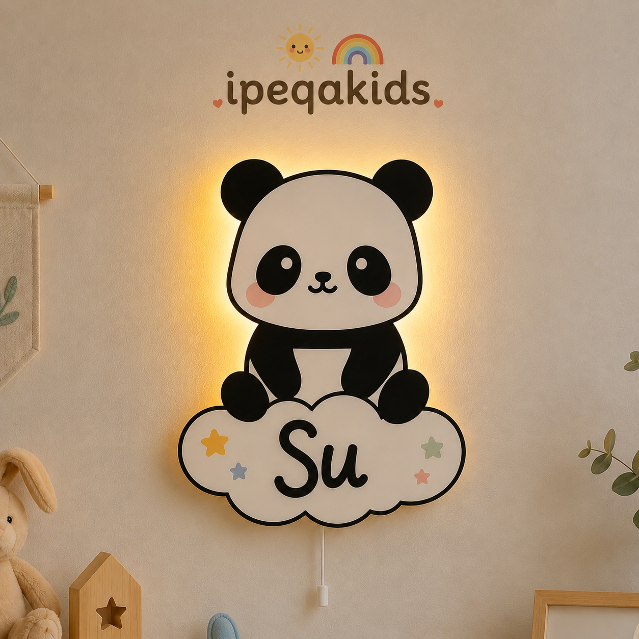 Kişiye Özel İsimli Panda LED Ahşap Gece Lambası