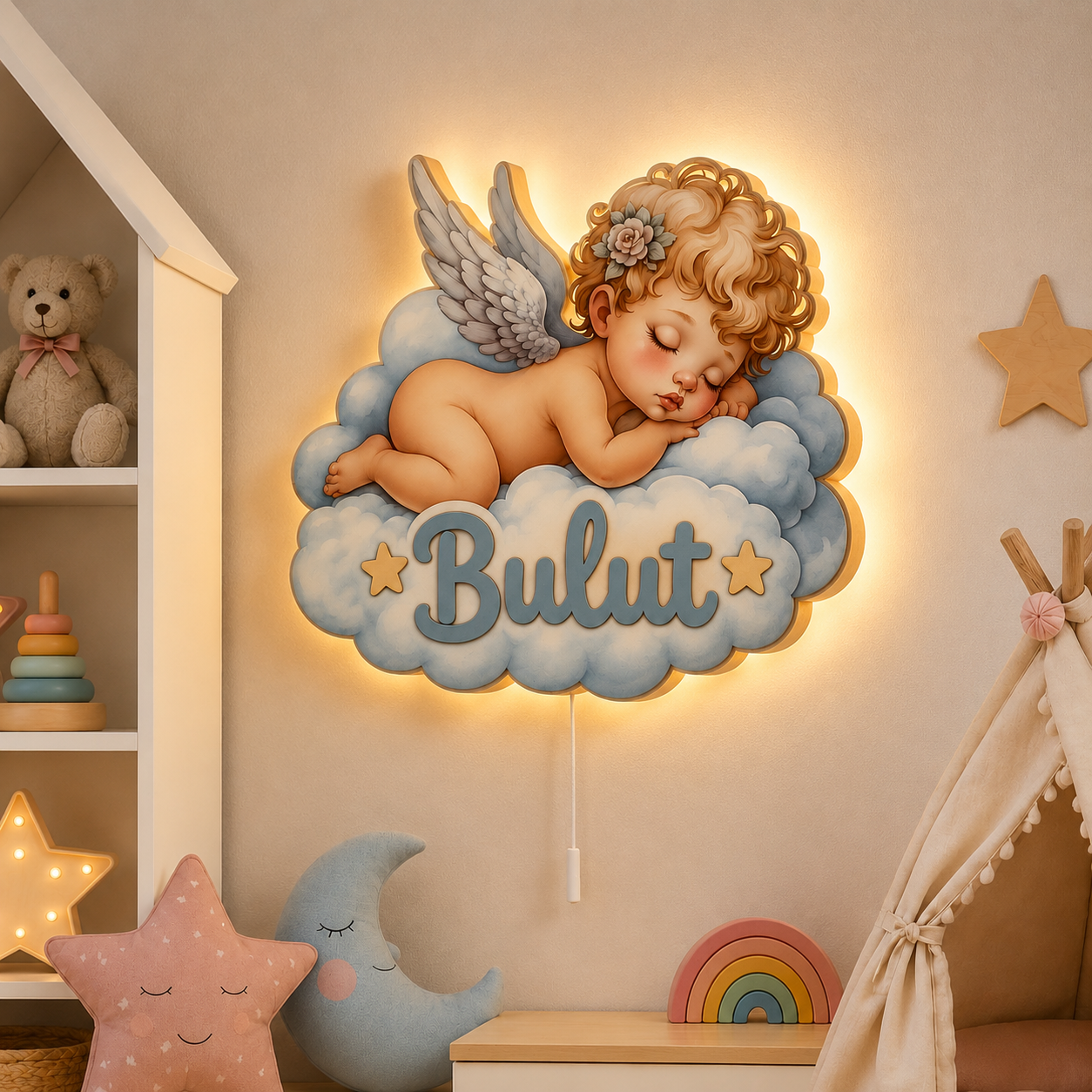 Kişiye Özel İsimli Bulutlu Bebek Melek LED Ahşap Gece Lambası
