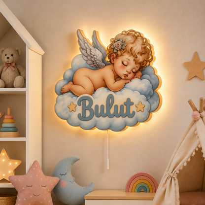 Kişiye Özel İsimli Bulutlu Bebek Melek LED Ahşap Gece Lambası