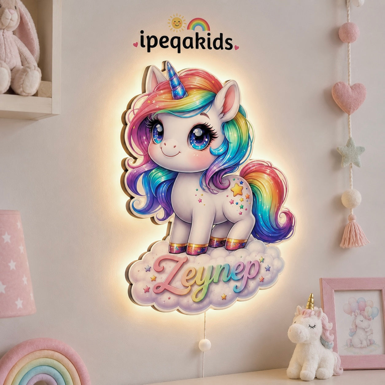 Kişiye Özel İsimli Bulutlu Unicorn LED Ahşap Gece Lambası