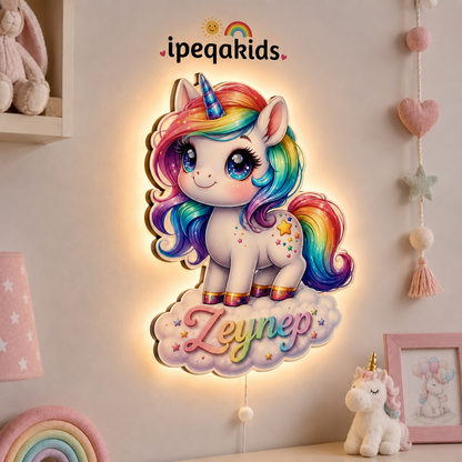 Kişiye Özel İsimli Bulutlu Unicorn LED Ahşap Gece Lambası