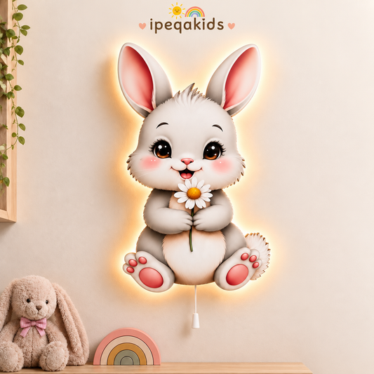 Tavşan Pilli Led Işıklı Bebek Odası Ahşap Duvar Dekoru - Gece Lambası