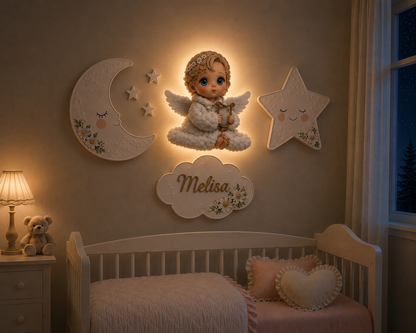 Kişiye Özel İsimli Bebek Melek 7'li LED Ahşap Gece Lambası Seti