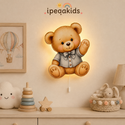 Gömlekli Ayıcık Led Işıklı Bebek Odası Ahşap Duvar Dekoru - Gece Lambası