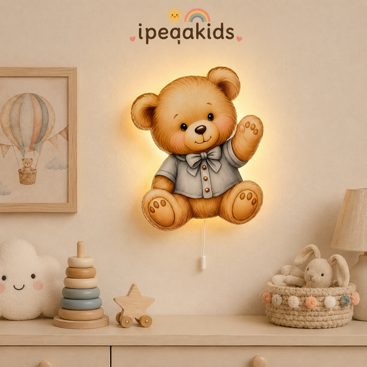 Gömlekli Ayıcık Led Işıklı Bebek Odası Ahşap Duvar Dekoru - Gece Lambası