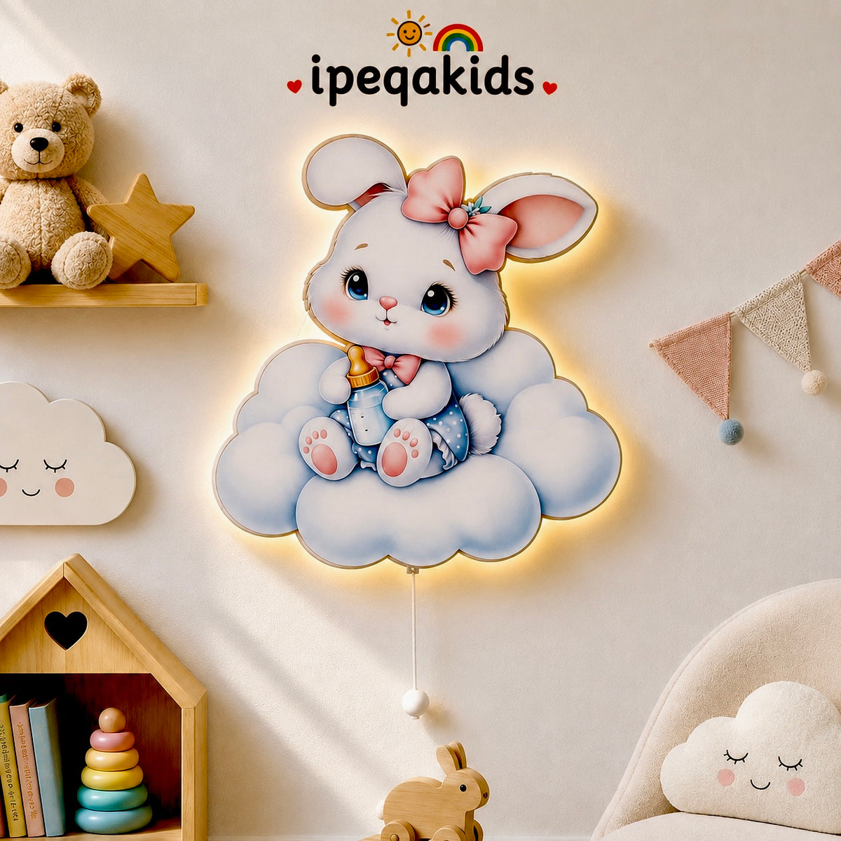 Tavşan Pilli LED Işıklı Ahşap Duvar Dekoru - Görsel 3