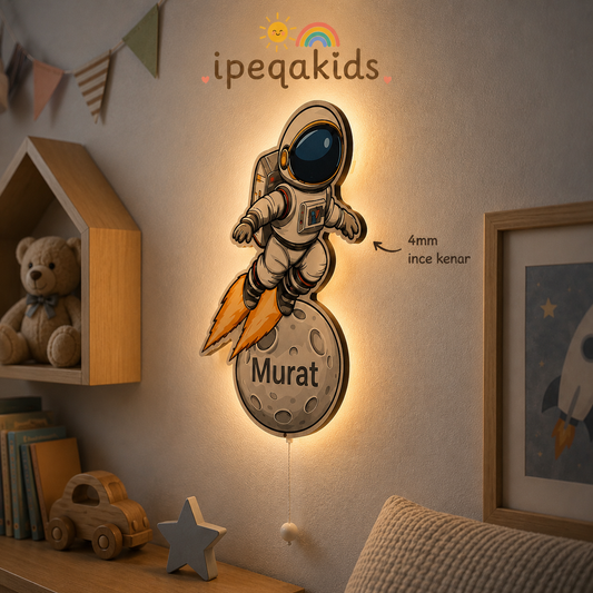 Kişiye Özel İsimli Astronot  LED Ahşap Gece Lambası