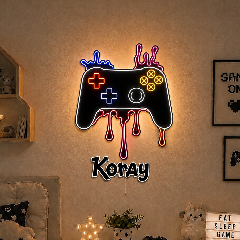 Kişiye Özel İsimli Playstation Oyun Kolu 2 parça LED Ahşap Gece Lambası