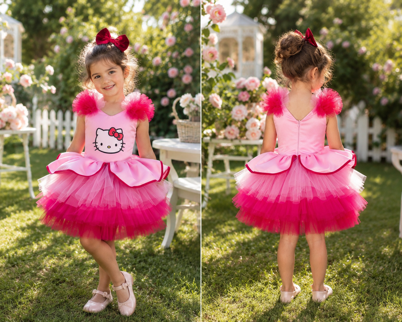 Kırmızı Pembe Hello Kitty Kız Çocuk Abiye - Bebek Doğum Günü Elbisesi - ipeqakids